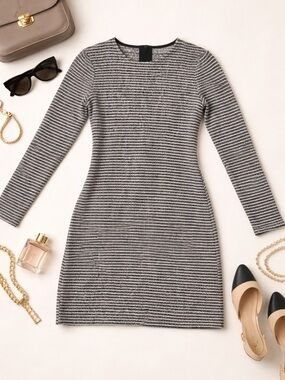 Banana Republic Gray and White Striped Long-Sleeve Dress